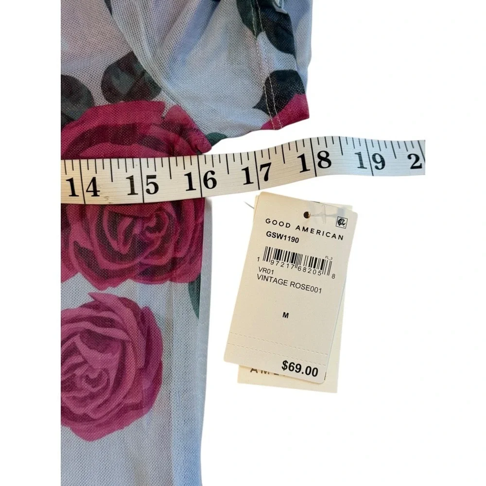 Good American Mesh Baby Tee‎ Vintage Rose Floral Sheer Top Blue Pink Medium NWT